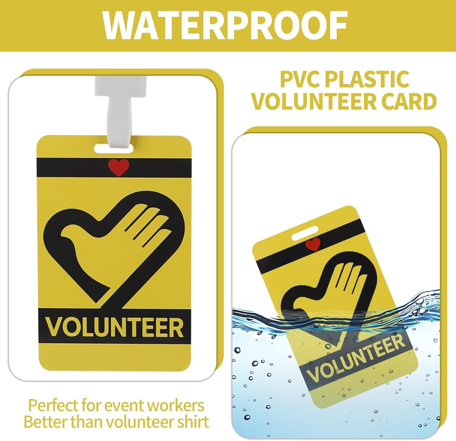 50 Sets Volunteer Lanyards with Badges PVC Plastic Card Pass Volunteer Name Tags for Events, School, Church, Fundraising, Activity, Music Party(Yellow)