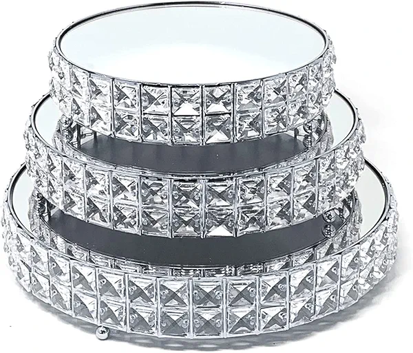 allgala Wedding Cake Stands 3-Piece Set Crystal Gold Plated Cheese Dessert Cupcake Cake Stand with Mirror Plate-Silver Round-HD89204