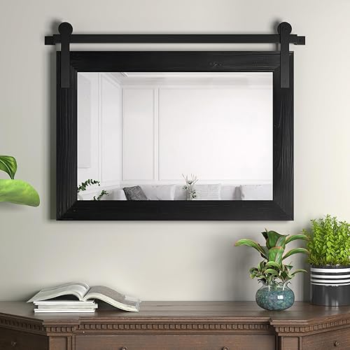 Espejo para puerta corrediza de granero, 34 x 28 pulgadas, de madera rústica, decoración de pared para comedor, entrada, sala de estar, dormitorio,