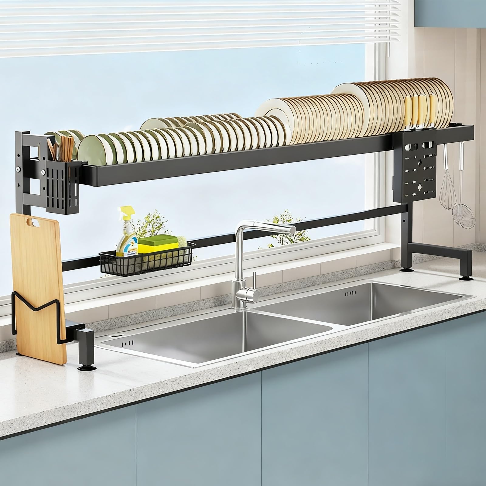 Escurridor de platos sobre el fregadero, escurridor de platos de encimera con soporte para utensilios, organizador de cocina que ahorra espacio para platos, cuencos y más
