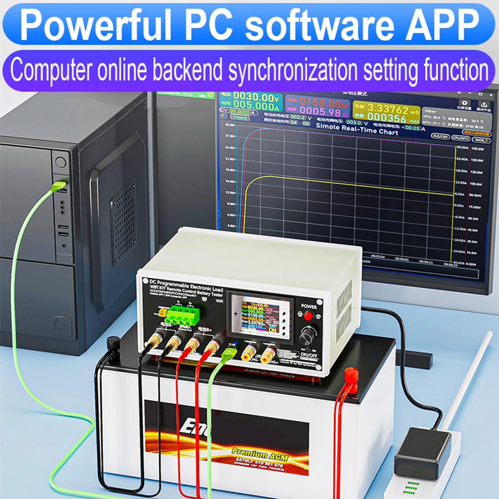 Monitor de capacidad de batería con pantalla para baterías de litio y ácido de hasta 200 V Probador de carga electrónico programable WiFi para pruebas de capacidad de batería