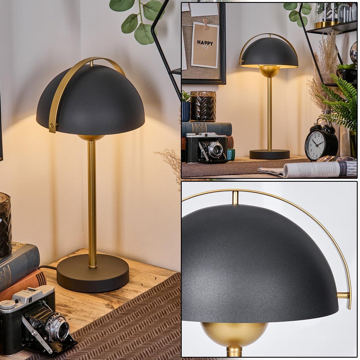 hofstein Guttsta Lámpara de mesa de metal negro/dorado, moderna lámpara de mesa retro vintage (20 cm de diámetro, altura 43 cm, interruptor en el cable, E14, salón, dormitorio, comedor, oficina