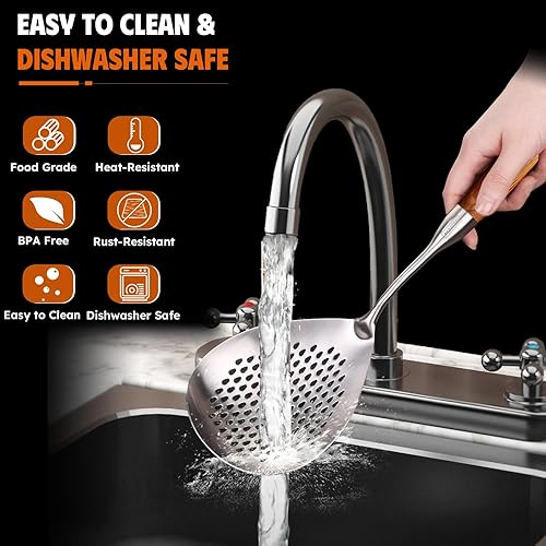 Miniatura 6 de Skimmer - Cuchara ranurada de 14 pulgadas para pasta, colador de araña, cuchara para cocinar y freír, cuchara coladora de cocina con mango de madera
