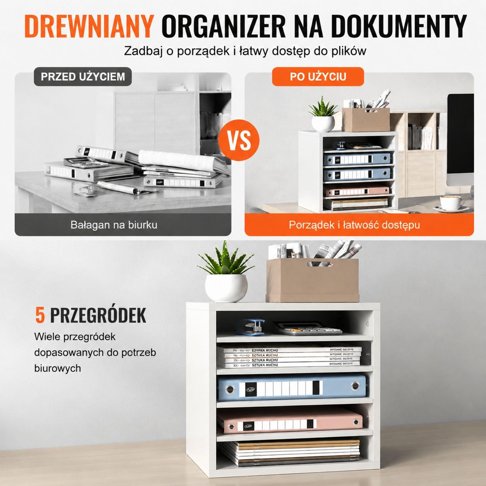 Biały sorter na dokumenty z 5 przegródkami, regulowane półki, taca na papier A4 do biura, domu i sali lekcyjnej