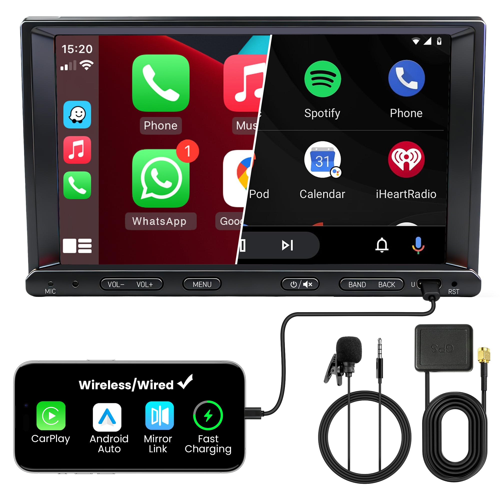 Autoradio Doble DIN con Pantalla para Nissan Qashqai (2006–2013), CarPlay y Android Auto Inalámbrico, Pantalla Táctil 7", 4GB+64GB, Bluetooth WiFi 5GHz Dab+ FM AUX GPS