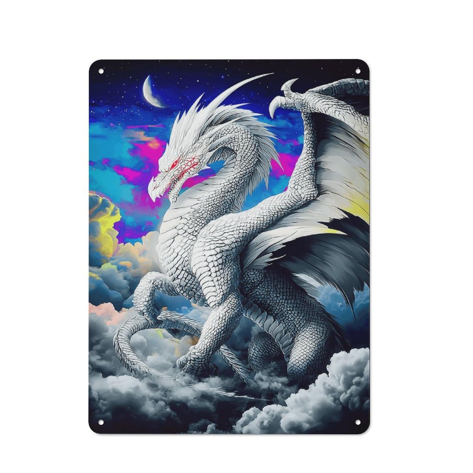 Junmoney White Dragon In Clouds Modern Retro Metal Wall Decor 40X30cm, Metal Wall Sign For Loft, Studio, Office Or Creative Room