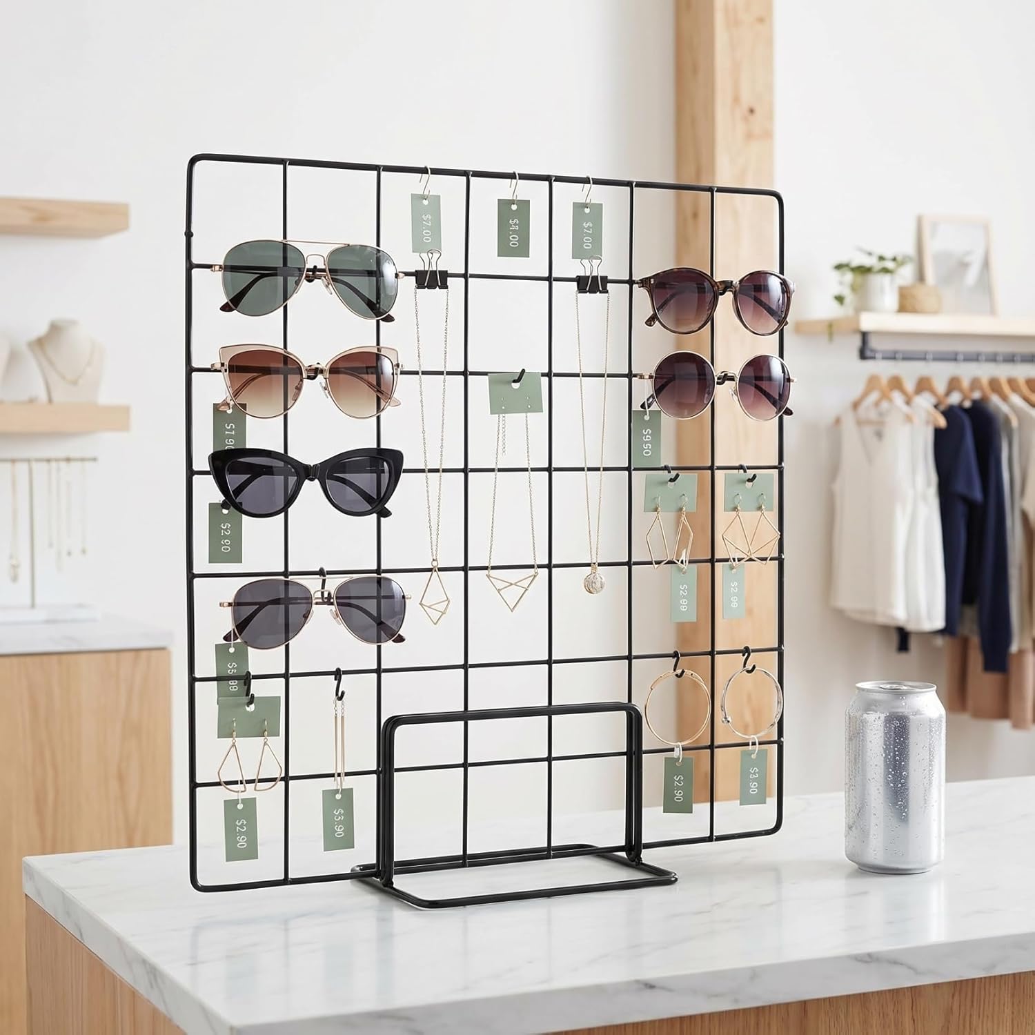 Solustre Grid Display Rack with Base 13.77In Adjustable Iron Countertop Display Stand Shelf for Artwork Photos Accessories Retail Booth