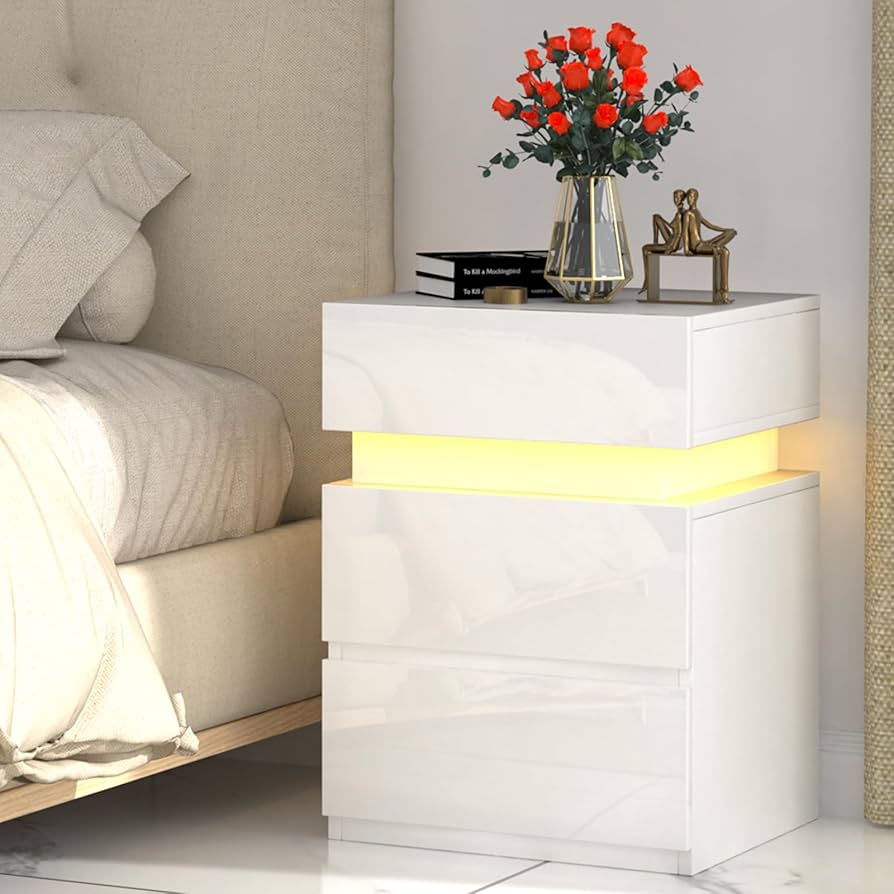 Comodino Moderno Con Luci LED - 3 Cassetti Spaziosi, Design Bianco Lucido Per Camera Da Letto 40x35x55cm