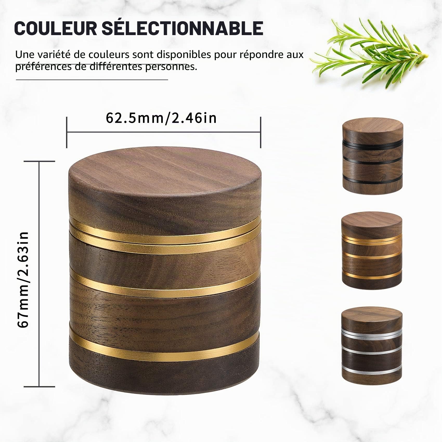 DCOU Premium Grinder Moulin à épices en bois collecteur de pollen avec couvercle magnétique et collecteur de pollen 4 pièces 2,5 pouces (Or)
