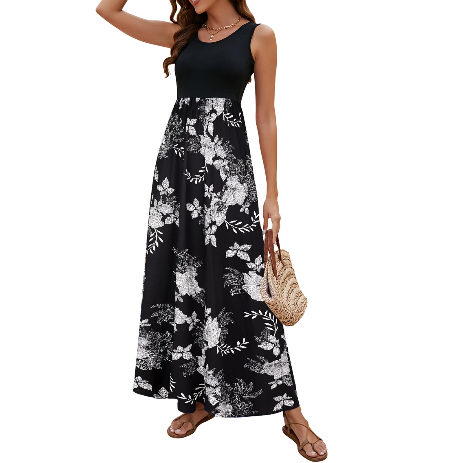 Sherosa Women Boho Chevron Striped Floral Printed Summer Sleeveless Tank Long Maxi Party Dress