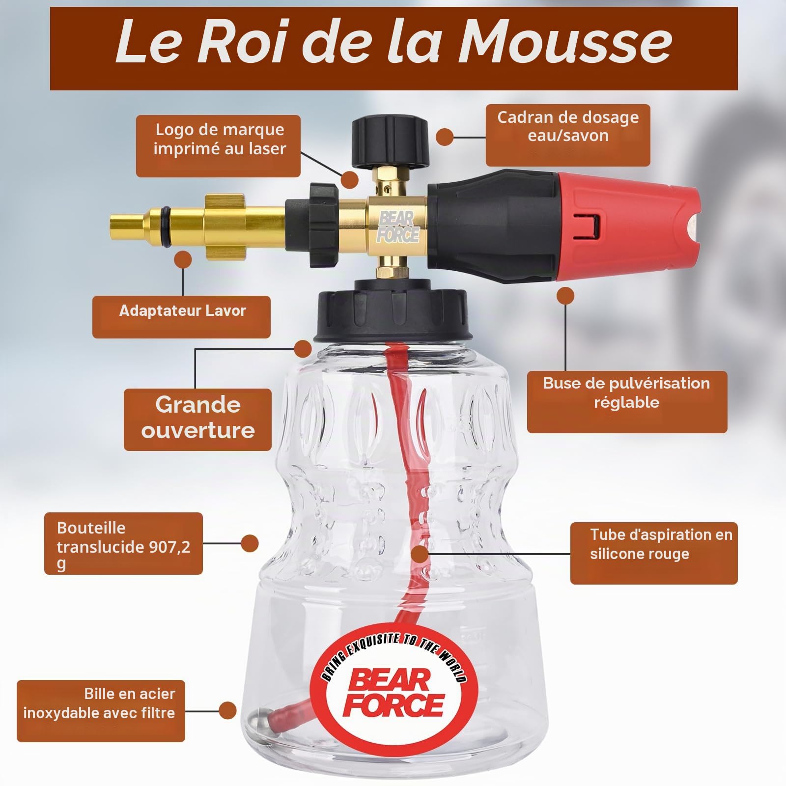 BEAR FORCE - Lance à mousse de neige pour nettoyeur haute pression, compatible avec Lidl, Vax, Parkside, Sterwins, Deko, Champion, mousse plus épaisse réglable à 360°, lavage de voiture, détails de