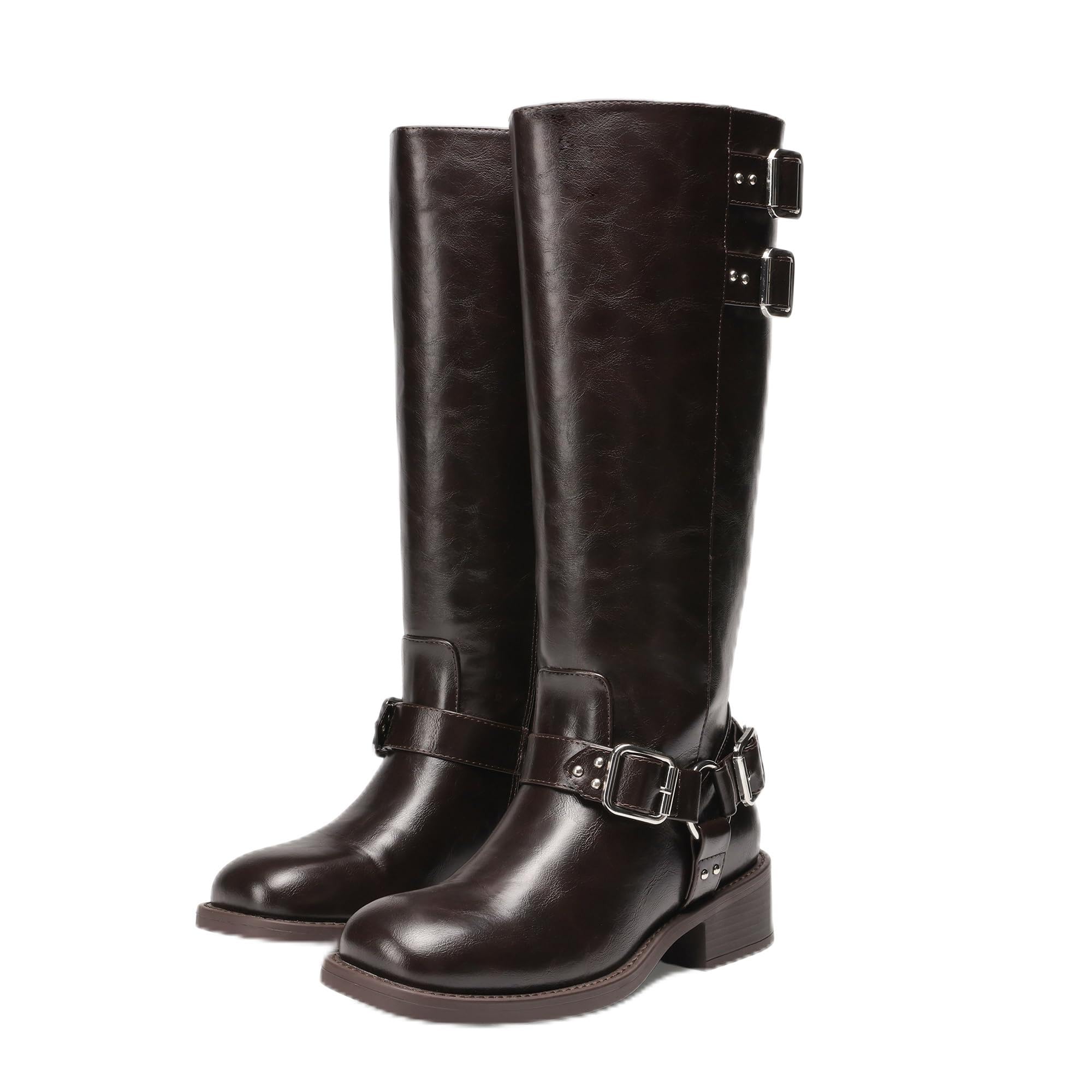 JustFab Womens Knee High Boots Faux Leather Wide Calf Brown Riding Boots Knee High Boots for Women Low
