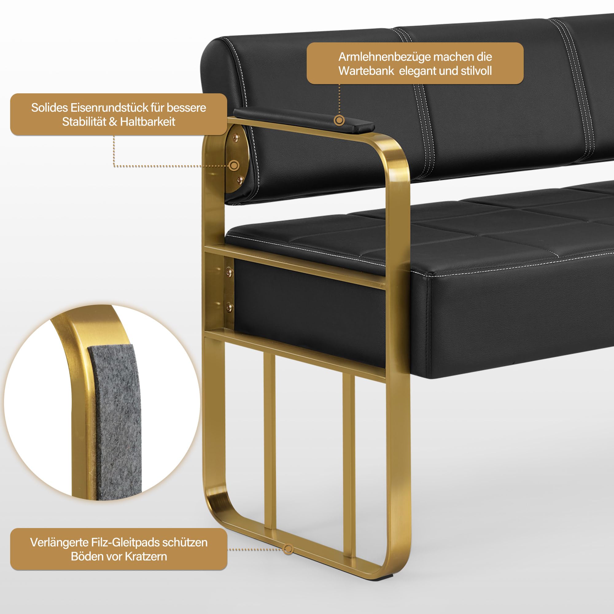 Barberpub 3-Sitzer Sitzbank mit Goldenen Armlehnen, Polsterbank mit Rückenlehne, Sitzbreite 144cm, Wartebank Friseur, Wohnzimmerbank, Friseureinrichtung W528 (Schwarz-Gold/Kunstleder)