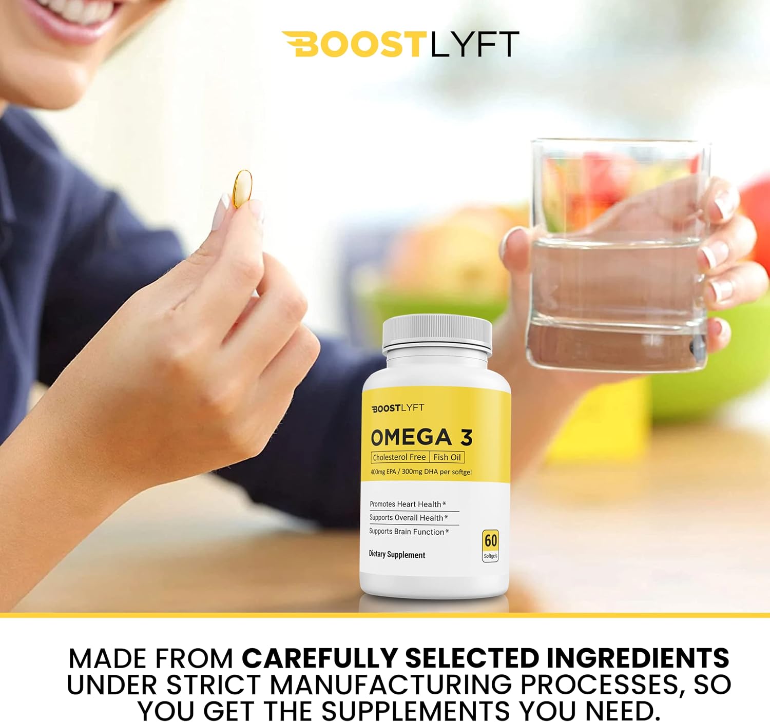 Boost Lyft Omega 3 Fish Oil Supplements - High 400mg EPA and 300mg DHA - Essential Support for Healthy Heart, Brain Function, Skin and Eye Health - 60 Softgels