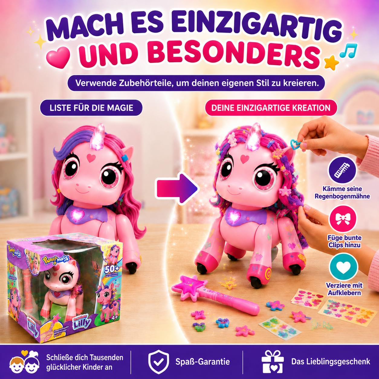 Regenbogen Einhorn Rainbow Lilly | Ferngesteuertes Einhorn mit Zauberstab | Interaktives Einhorns mit Licht, Sound und Bewegung