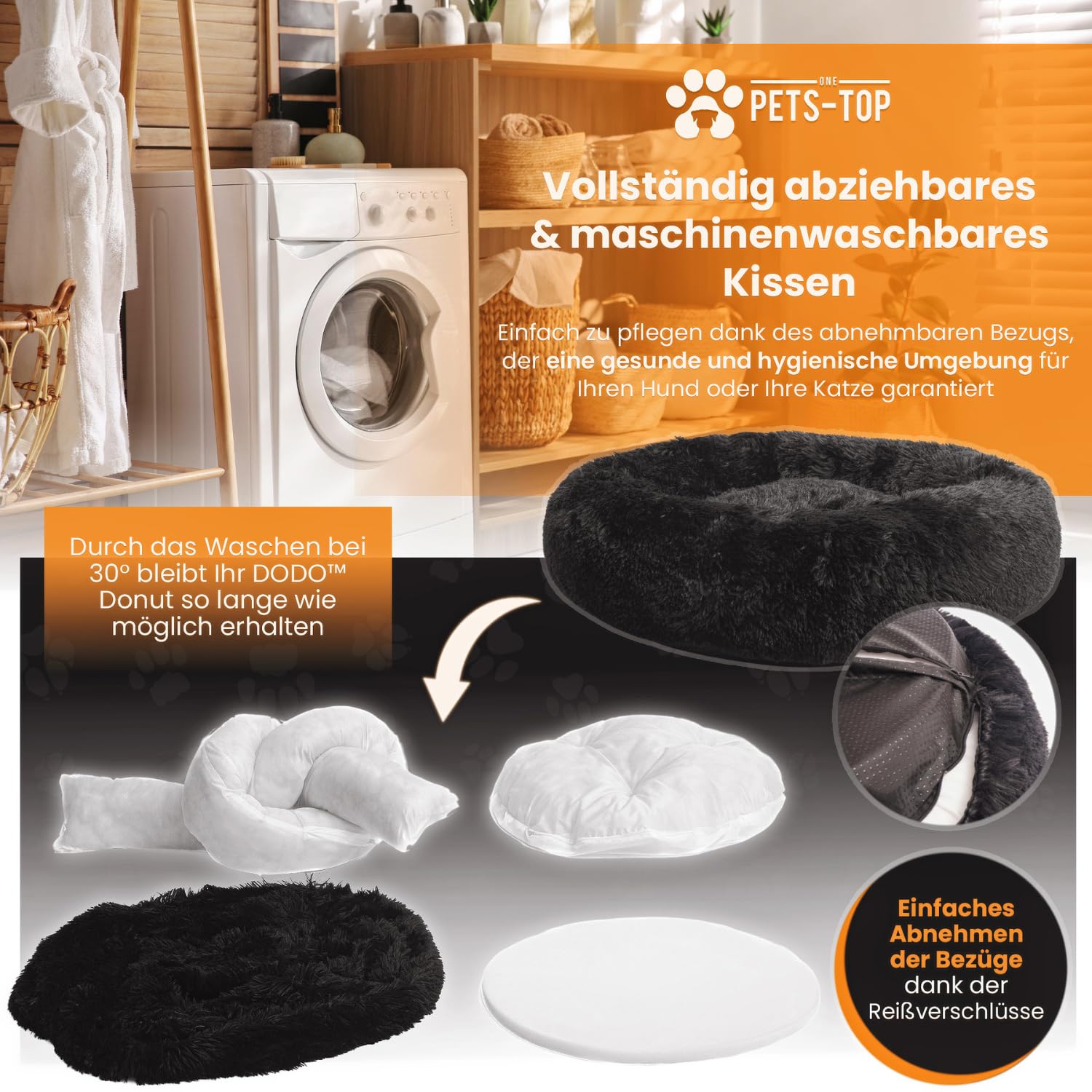 One PETS-TOP® Hundekörbchen Waschbar Fluffy – Donut Hundebett Flauschig mit Abnehmbarem Bezug – Hundebett Rund für Kleine & Große Hunde – Hundekissen Waschbar Anti-Stress – 115 cm Schwarz