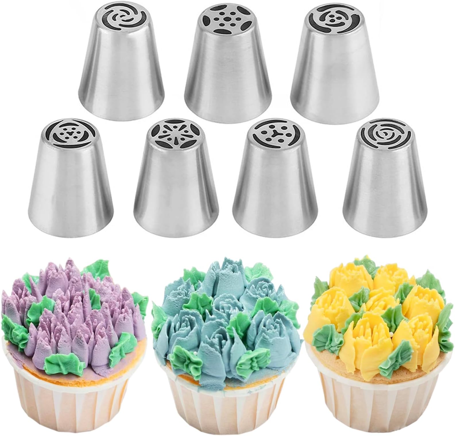 JAYVAR 7 Pcs Russian Piping Tips Set, Large Russian Piping Tips, Flower Frosting Nozzles Used for Cupcakes and Cake Decorating, Russian Icing Tips Suitable for Pastry and Cookies Decoration, Type7