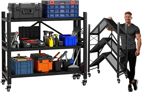 Estantes plegables de 3 niveles de almacenamiento de metal resistente con ruedas No se ensambla unidad de estantería plegable para cocina, garaje,