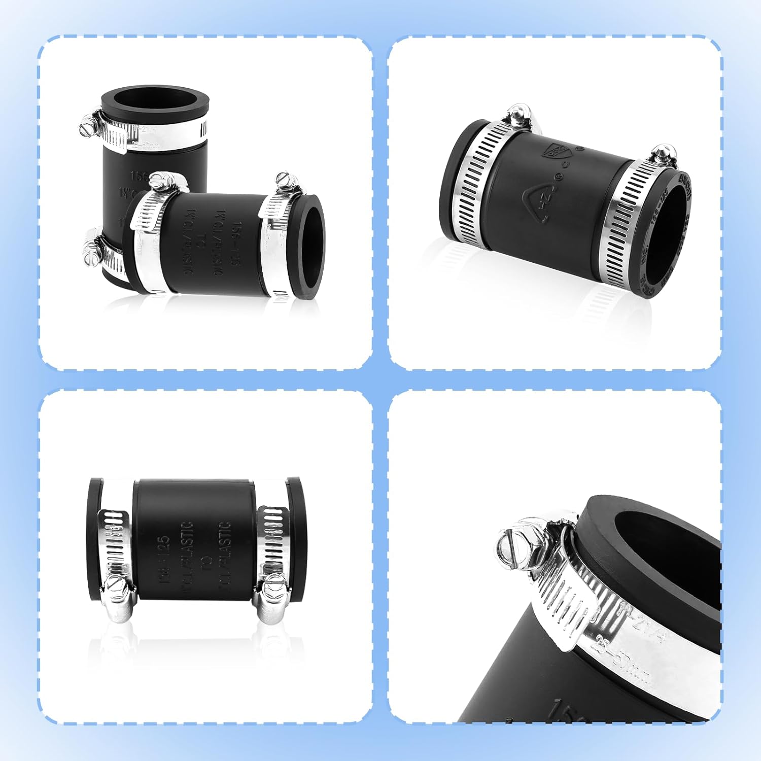 3 Pcs 1 1/4" Flexible Pvc Pipe Coupling with Stainless Steel Clamp, Flexible Fitting for Connecting Cast Iron, Plastic and Copper Pipes, for Sewer and Drain Connections(Black)