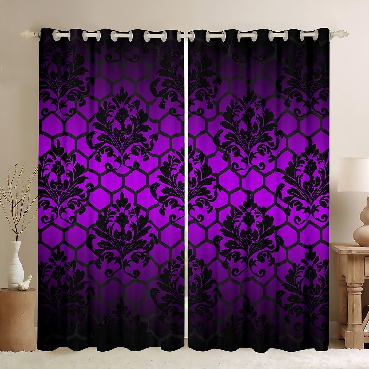 Castle Fairy Honeycomb Hexagon Window Curtains,Black Damask Lace Floral Purple Kitchen Window Treatments,Boho Victorian Baroque Blackout Window Drapes for Home Decor, 2 Panels, 42Wx63L inch