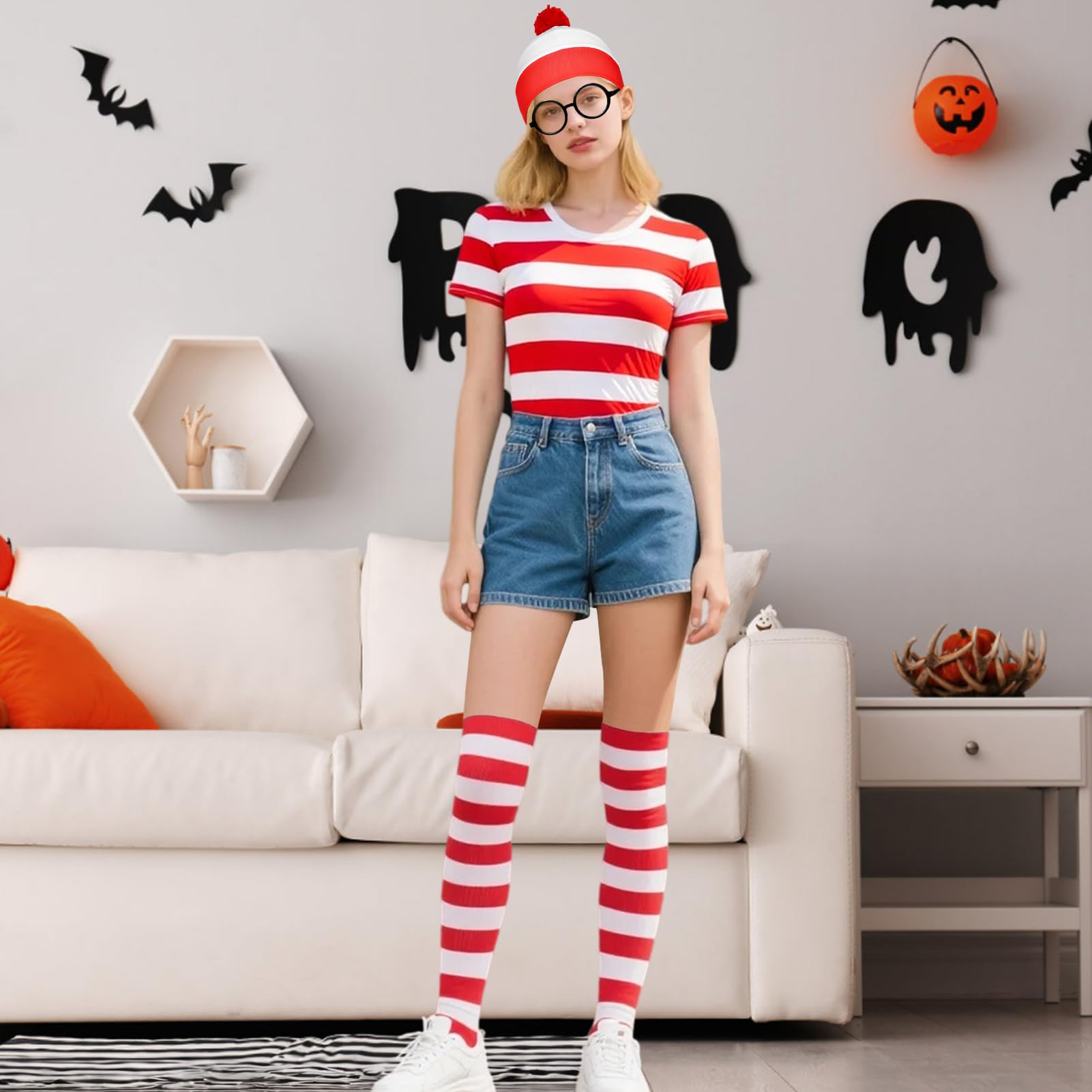 Meriviva Adult World Book Day Costumes, Red and White Striped Top Set including Hat Glasses Magnifying Glass - Image 4