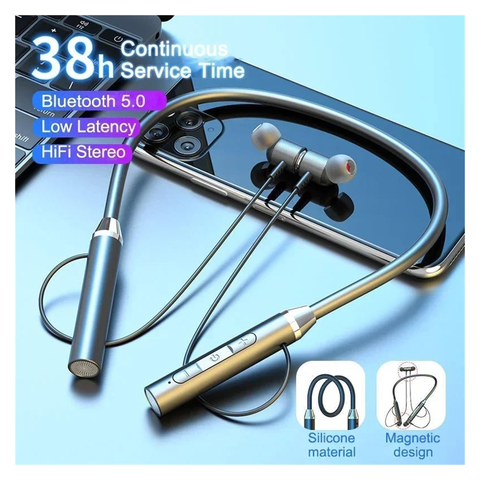 Cuffie Auricolari magnetici con archetto da collo Bluetooth Auricolari sportivi da corsa Auricolare Bluetooth 5.0 impermeabile con microfono