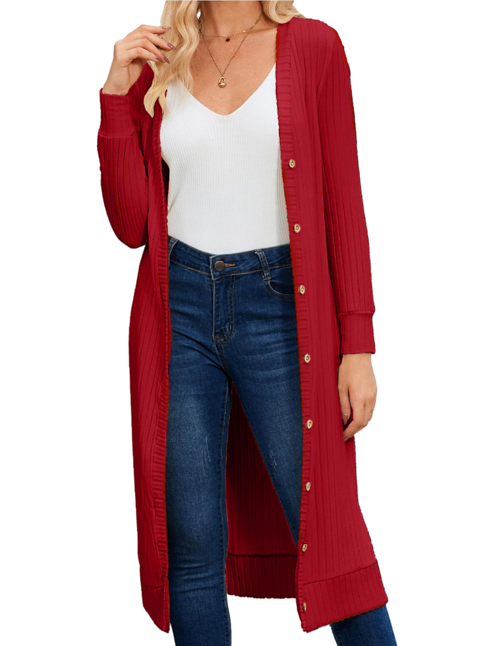 MAKABO Womens Long Cardigans Lightweight V Neck Knit Button Front Sweaters with Pockets Trendy Outfits for Business Casual