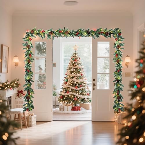 Miniatura 8 de Guirnalda de Navidad de 6 pies con luces, guirnaldas de Navidad artificiales con bayas rojas y cono de pino para chimenea, pared, mesa, habitación,