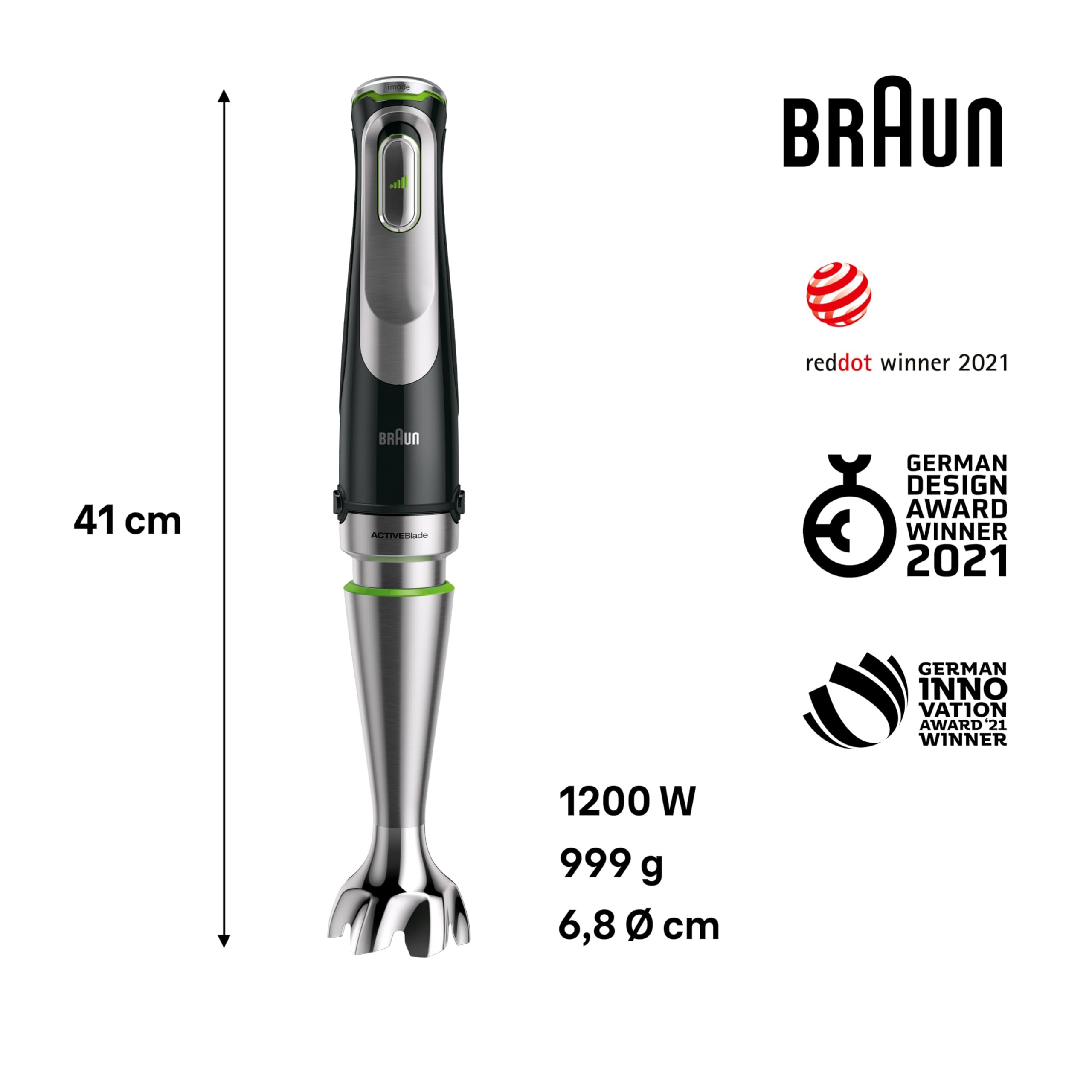 Braun Minipimer 9 - Batidora de Mano con Tecnología Anti Splash, Selección Precisa de Velocidad, Active PowerDrive, Procesador de Alimentos 1,2L, Picadora, Vaso 600 mL, 1200 W, Negro (MQ9187XLI)
