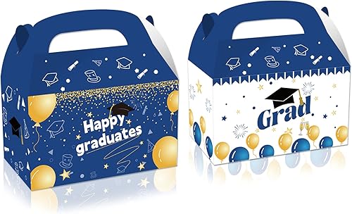 Paquete de 24 cajas de regalo de fiesta, bolsas de regalo de graduación, cajas de frontón azul-dorado para la clase de 2023, suministros de