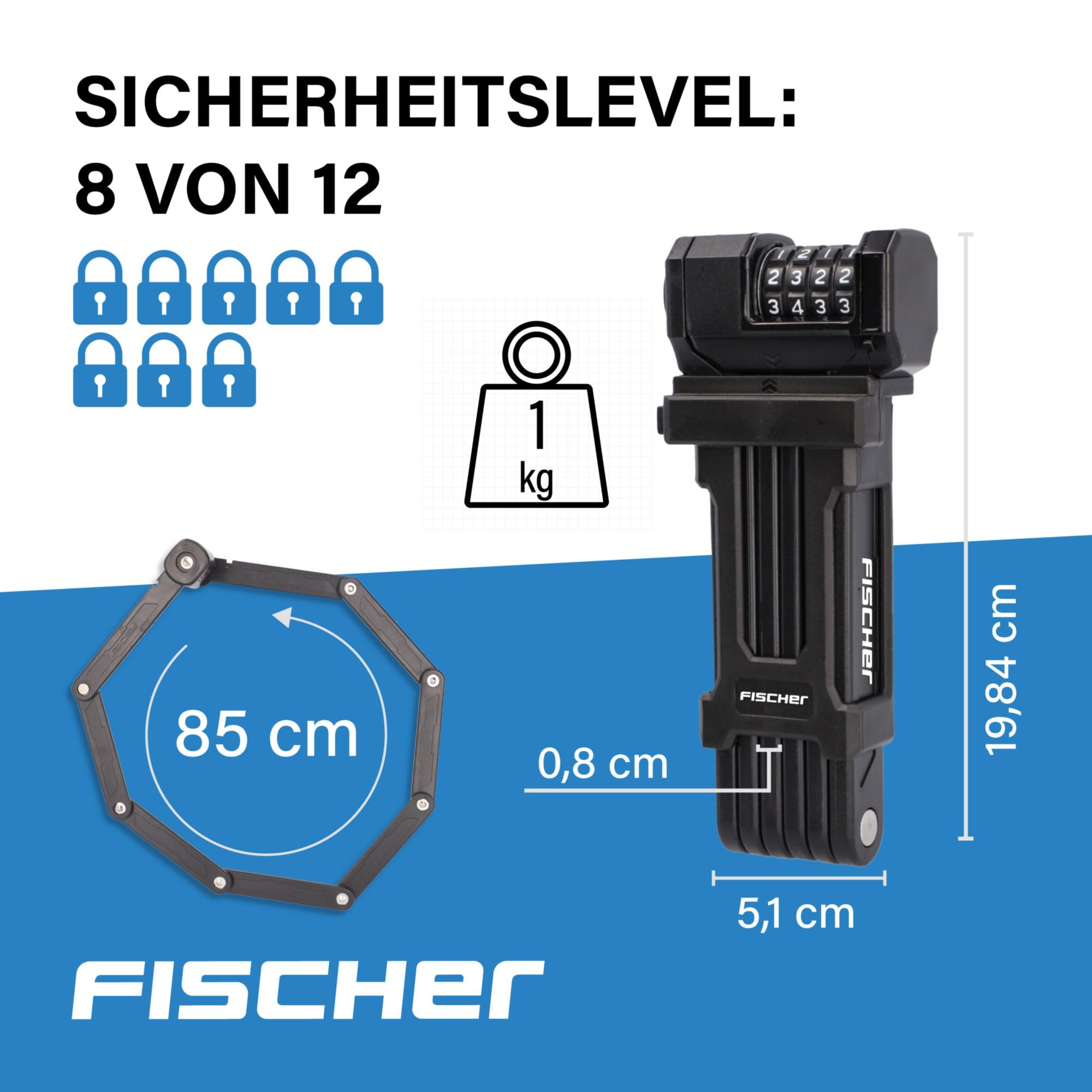 FISCHER Protec FN85 - Lucchetto pieghevole per bicicletta con 4 rulli numerici con 10.000 combinazioni di numeri, aste rivestite in plastica, con supporto e nastri in antiscivolo, lunghezza 85 cm