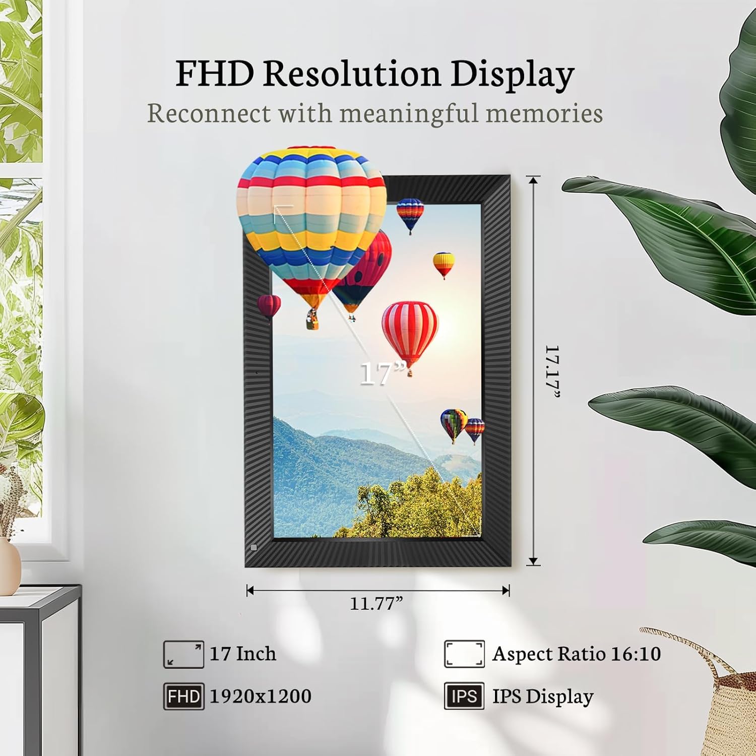 Bsimb 17 Inch Large Digital Picture Frame dimensions showing 17 inch FHD 1920x1200 IPS display.