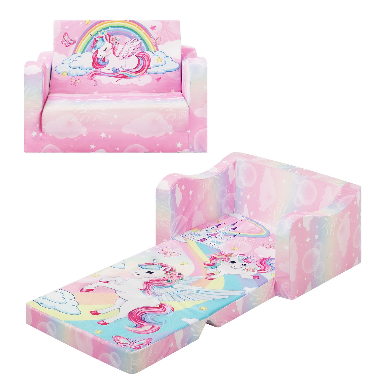 alldomess Comfy Kids Sofa Bed, 2-In-1 Foldable Children Chair Bed For Girls Boys, Convertible Sofa To Lounger Single Sofa Bed Chair For Kids Bedroom Playroom,Unicorn Rainbow