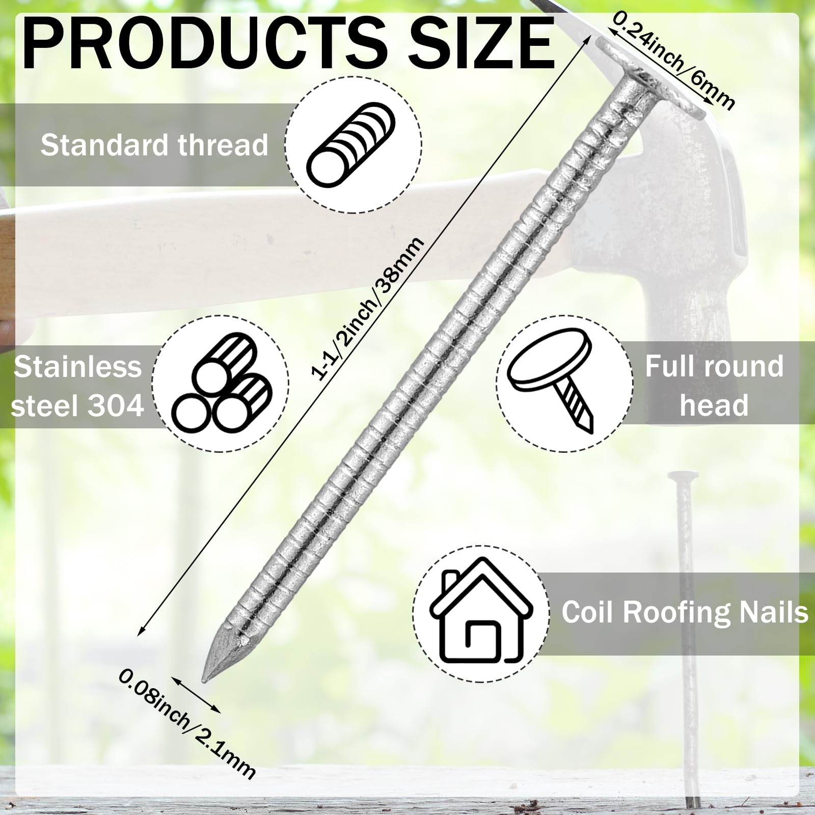 Tandefio 2 Pounds 1-3/4 Inch Roofing Nails 304 Stainless Steel Siding Nails for Roofing Felt, Flat Head Hardware for Shingles, Cedar Wood, Decking, Wall