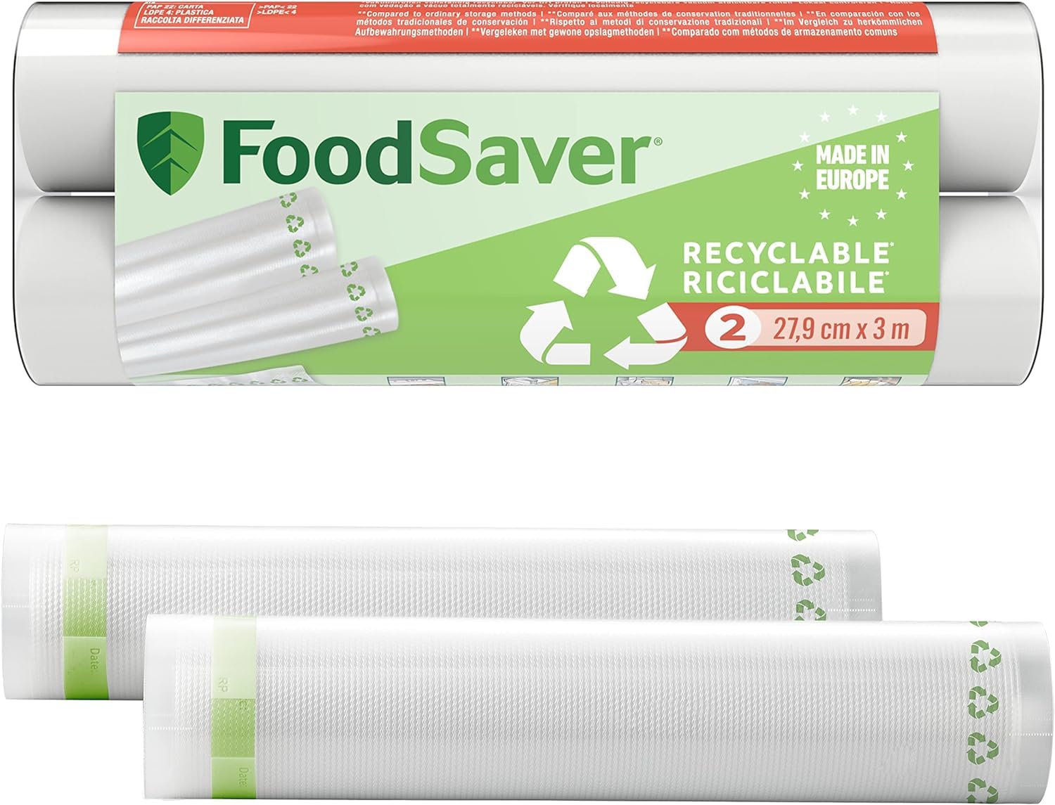 Envasadora al Vacío Premium FoodSaver, Cánula con Adaptador Para Recipientes Integrada + Foodsaver Bolsas de Envasado al Vacío Reutilizables, 5 Rollos, 36 Bolsas