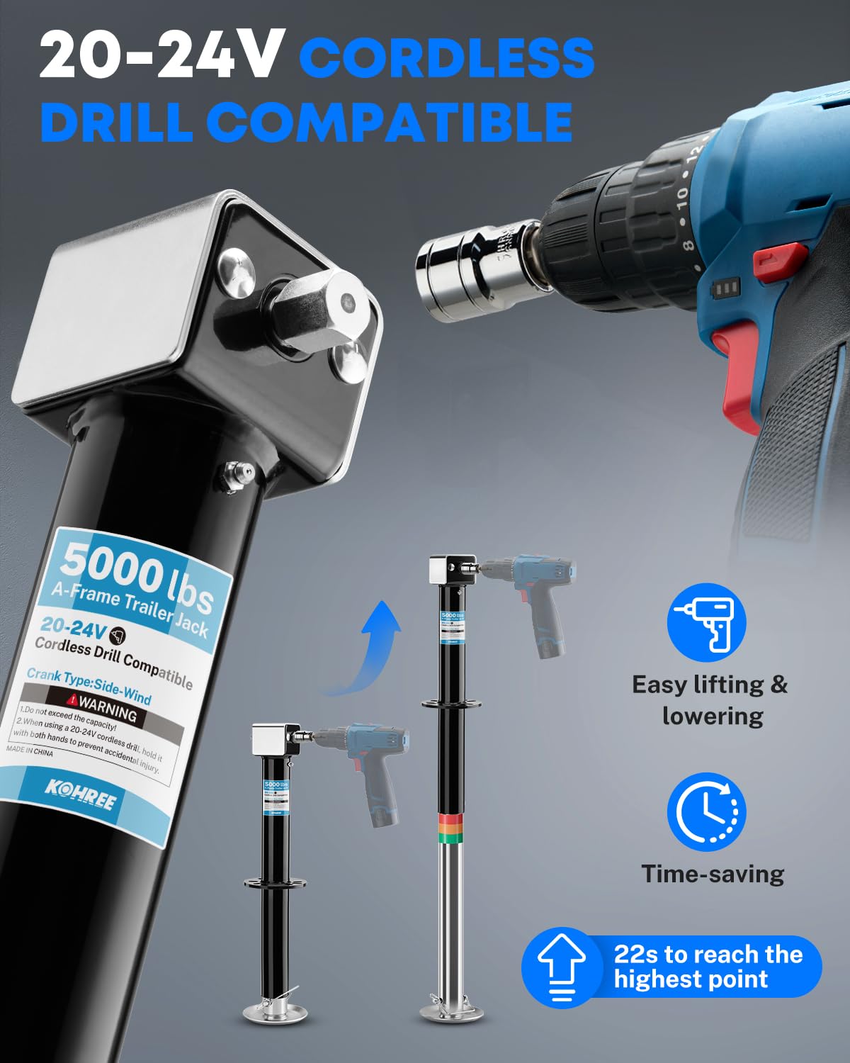Kohree 5000 lbs A-Frame Trailer Jack, 20-24V Cordless Drill Compatible, Adjustable RV Tongue Jack with Drop Leg & Drill Socket for Utility Yacht Camping Trailer, 25" Vertical Travel - 4