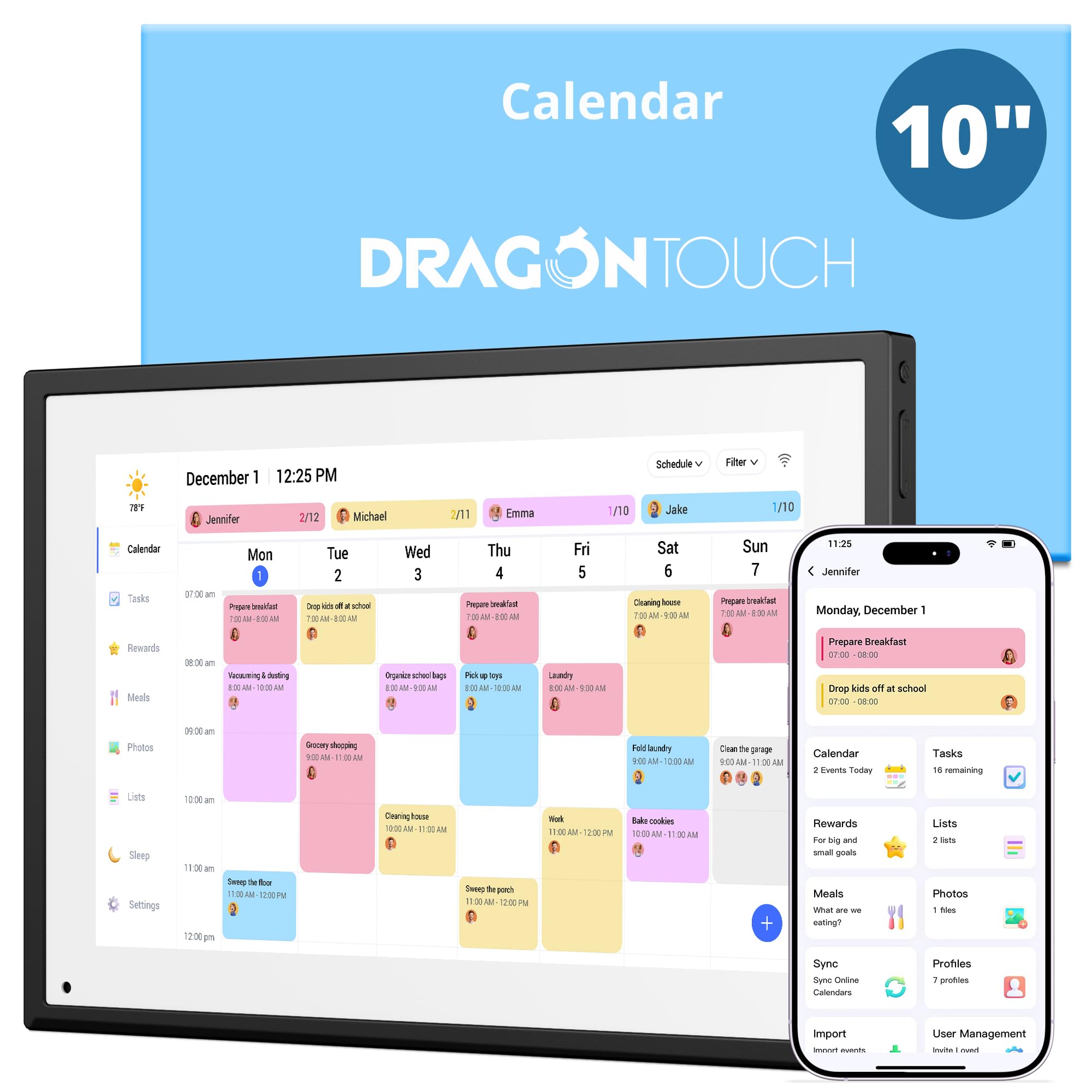 Dragon Touch Calendar, 10.1" Digital Calendar 2026 Family Planner, 1080P Full HD Interactive Touchscreen, Smart Chore Chart Gift for Busy Families Scheduling Black UK Adapter, Not Wall Mountable