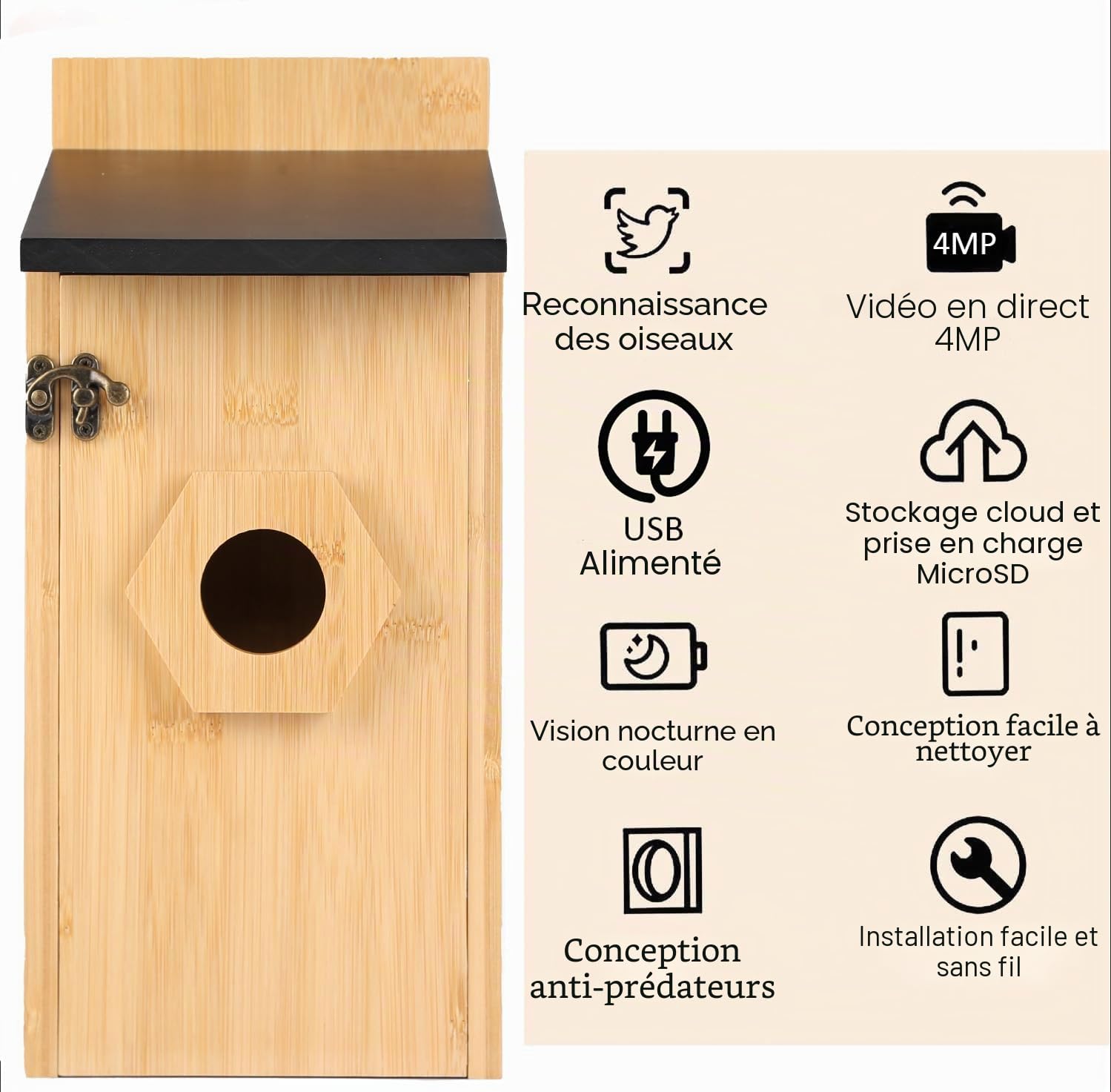 Nichoir à Oiseaux avec Caméra HD 4MP, Nichoir pour Jardin, Résistant aux Intempéries, WiFi 2,4G et Notification d'application, Surveillance de Nidification et d'éclosion, Enregistrement Automatique