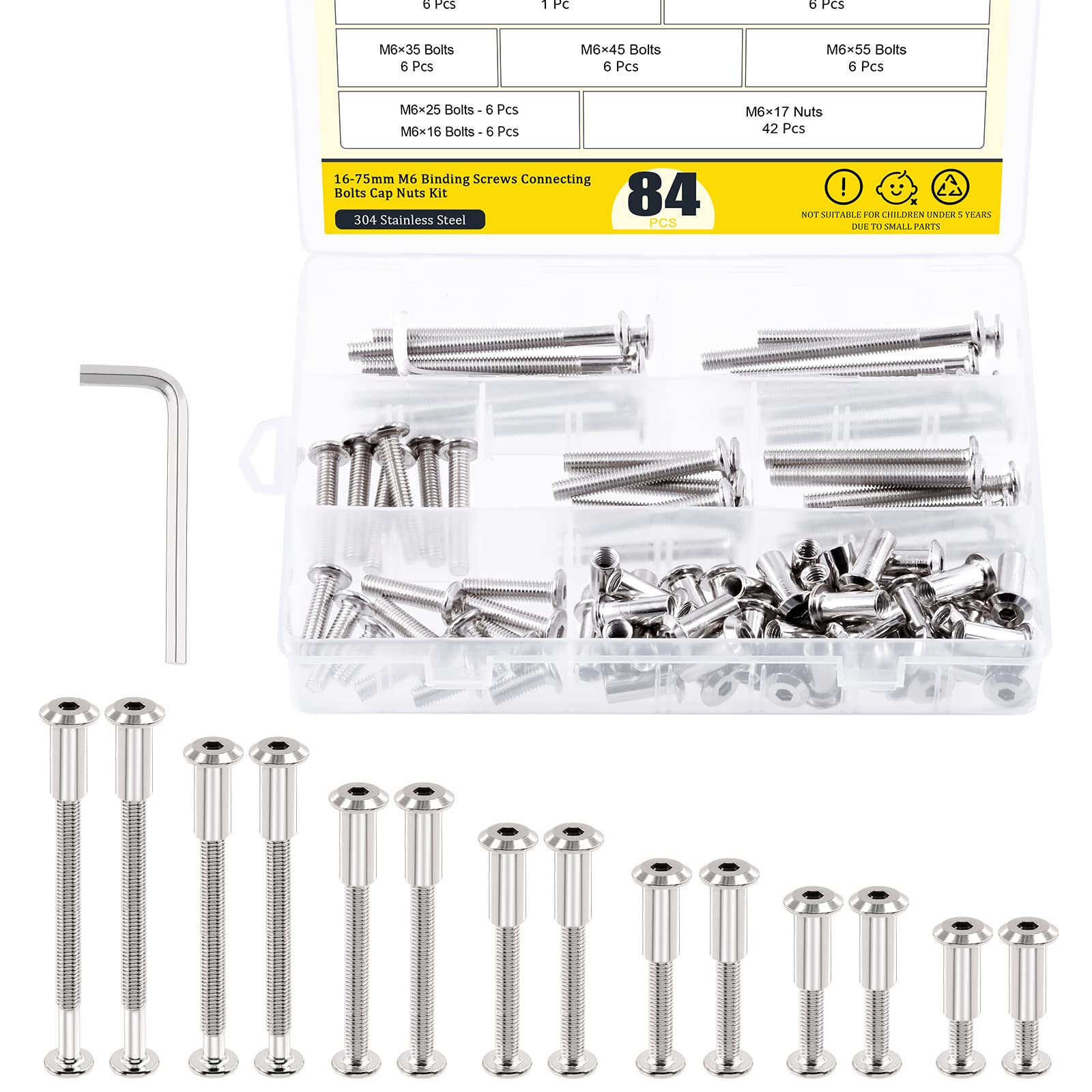 Mardatt 85 Pcs 7 Size M6x16mm-75mm Silver Nickel Plated Hex Drive Socket Cap Bolts Assortment Kit with Hex Key Countersunk Screw Barrel Nuts Binding Screws for Crib Belt Buckle Cabinet Furniture