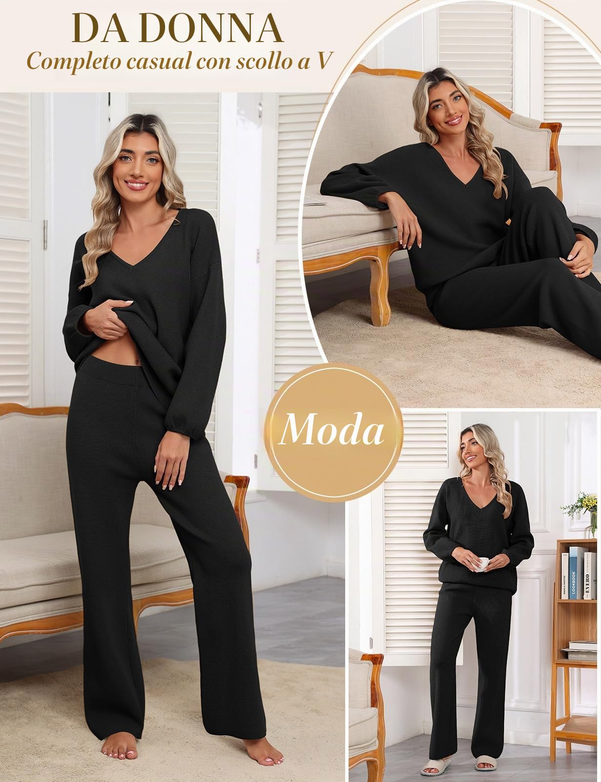 CMTOP Tuta Donna Elegante Completo 2 Pezzi Pigiama Invernale Autunno Casa Scollo a V Tailleur in Maglia Maniche Lunghe Pullover Top Elastico Vita Pantaloni a Gamba Larga Set Sportive