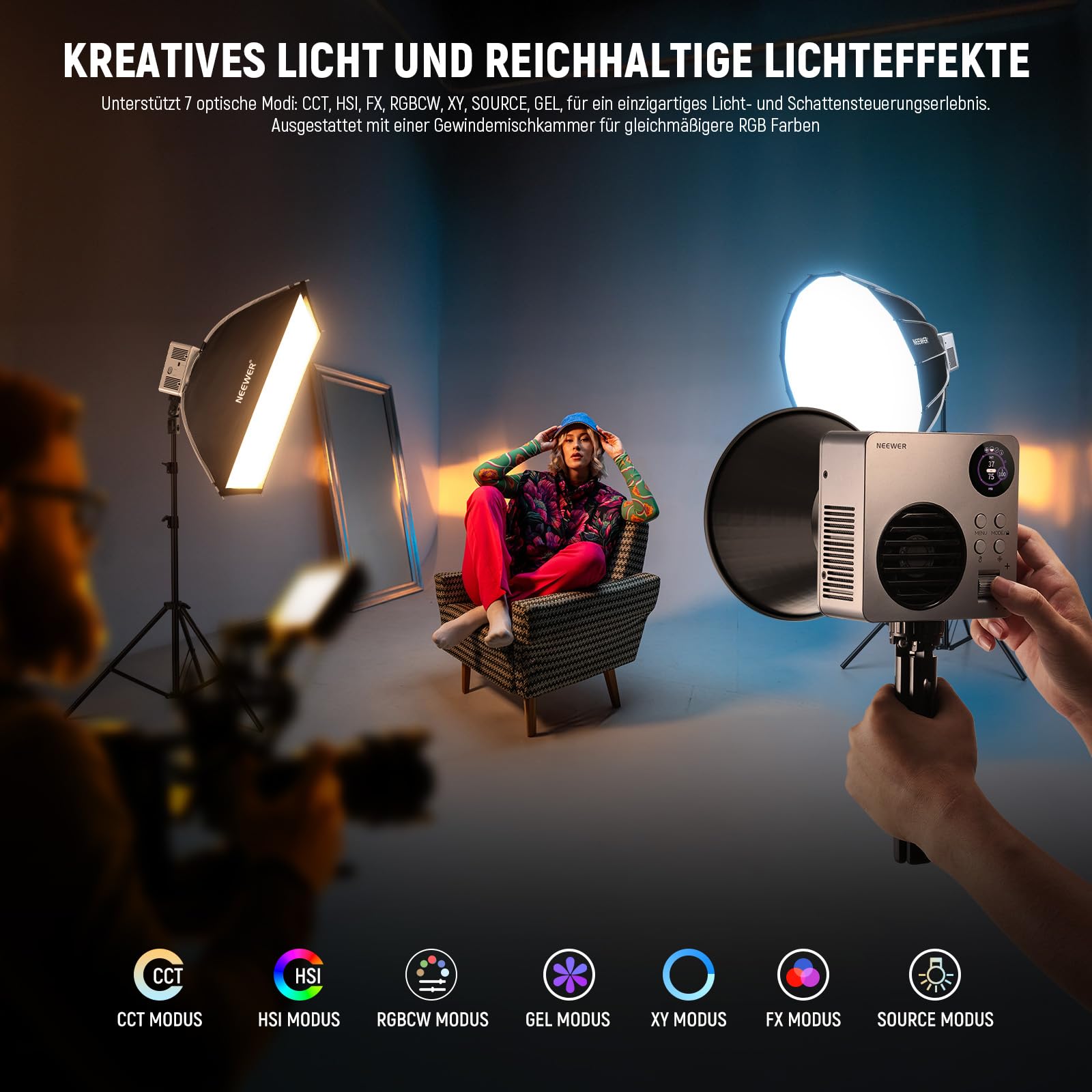 NEEWER HB80C 80W RGBWW LED Videolicht mit 72Wh Akku & 100W PD Schnellladung, Bowens Mount, 2500-7500K Farbtemperatur, 10400lx/m Helligkeit, 18 Lichteffekte für Studio, Fotografie & Videoaufnahmen