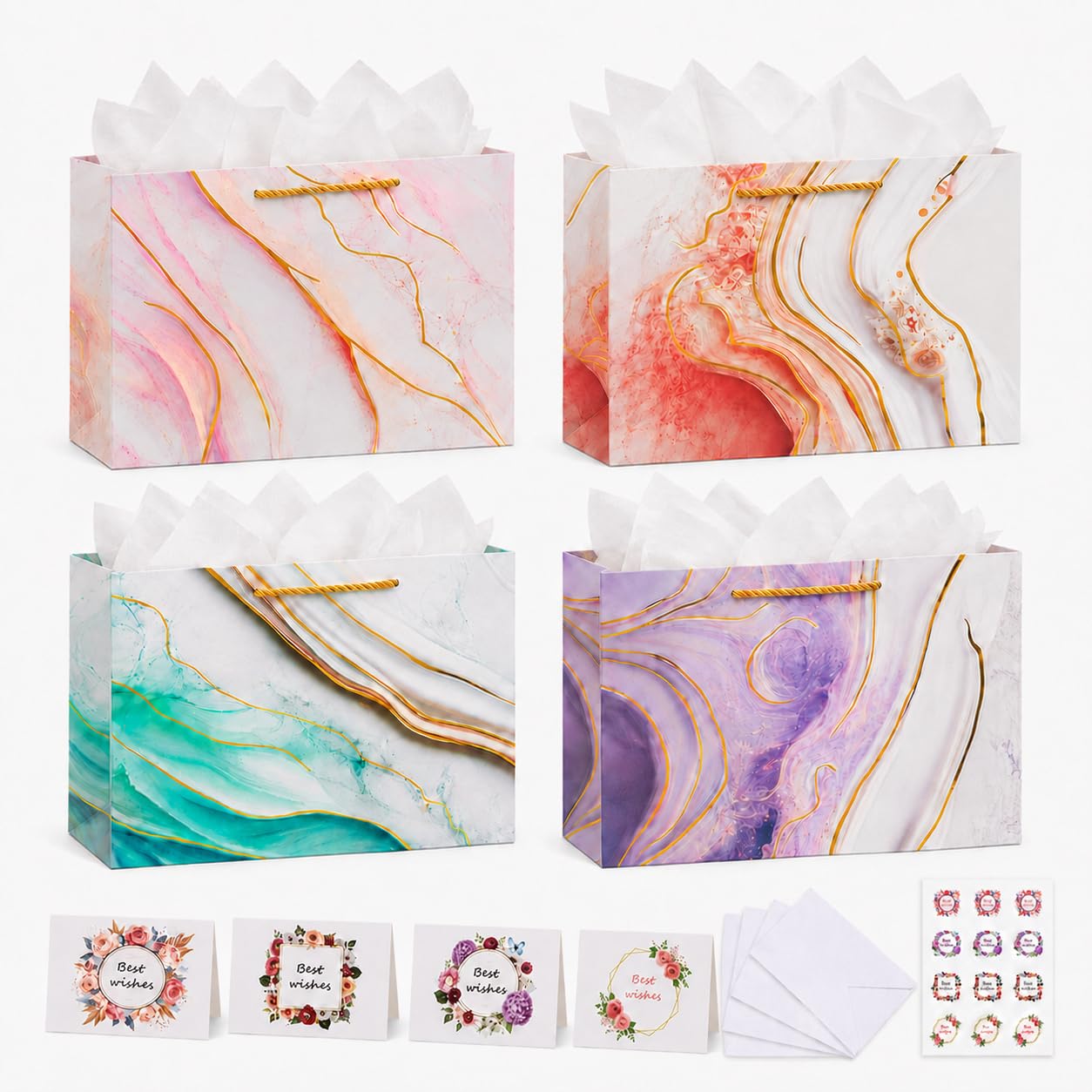 4PCS Gift Bags For Presents, Large Gift Bag Set With Cards And Tissue Wrap