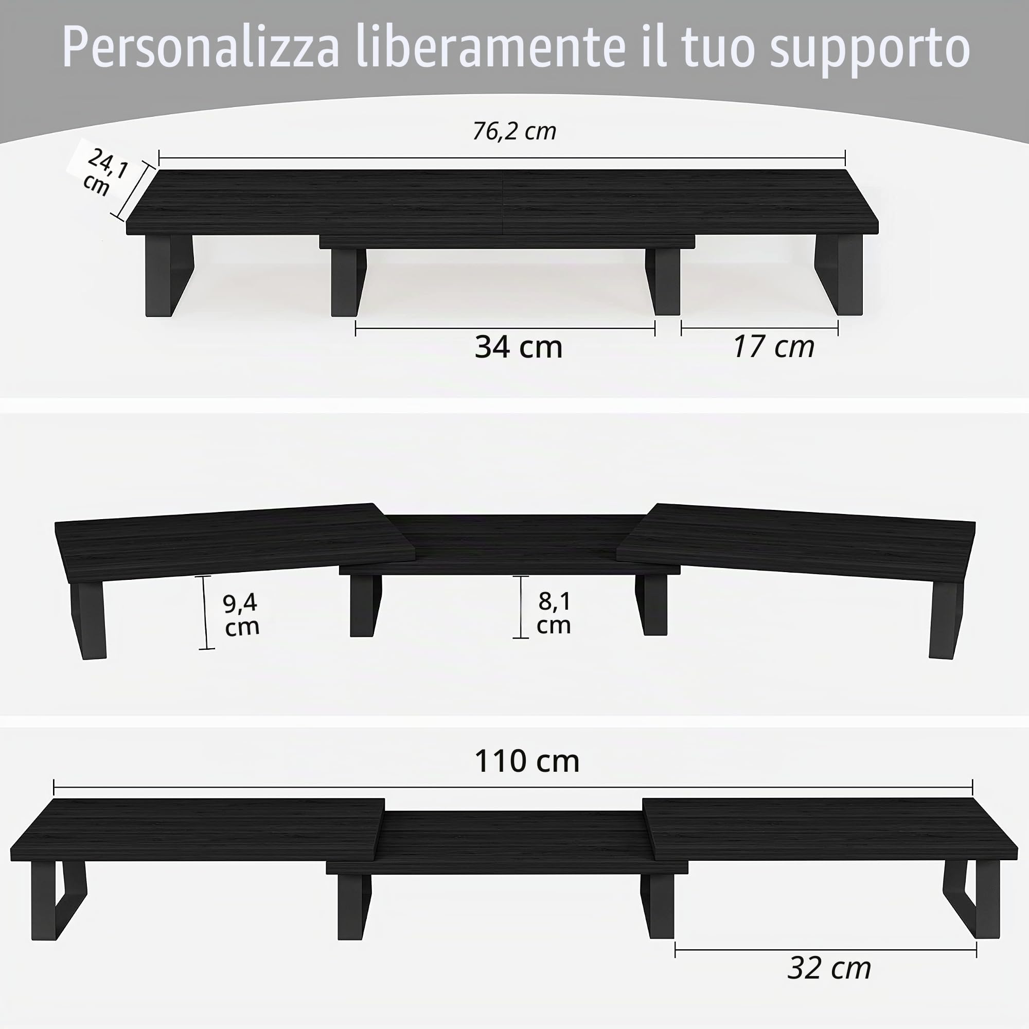 Aothia Grande supporto per monitor, 2 o 3 monitor, altezza dello schermo con lunghezza e angolo regolabili, per computer, laptop, stampanti, TV (nero)