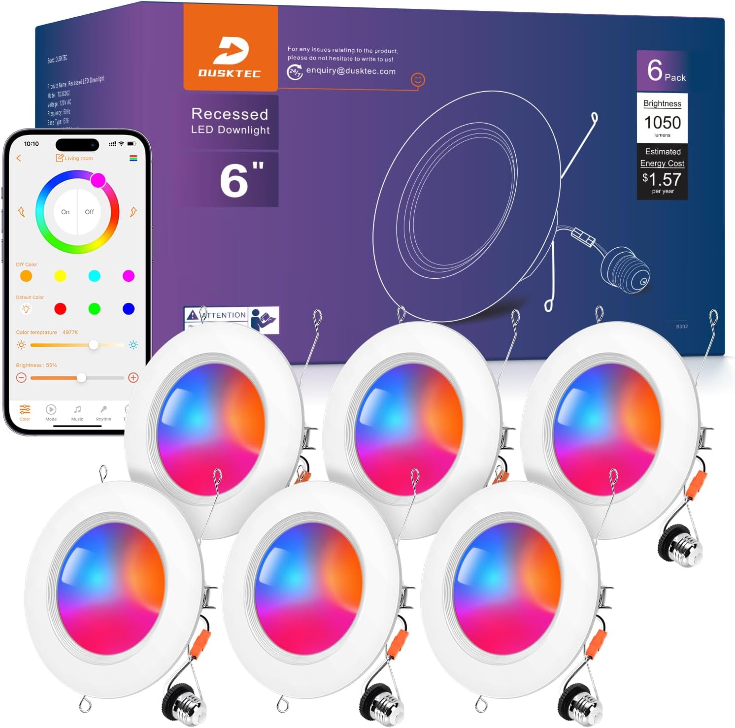 DUSKTEC Smart Recessed Lighting 6 Inch – RGBCW Color Changing LED 13W Can Light Retrofit Recessed Lights 1050 Lumen Dimmable Recess Light Compatible with Alexa & APP Recess Ceiling Lights 6 Pack