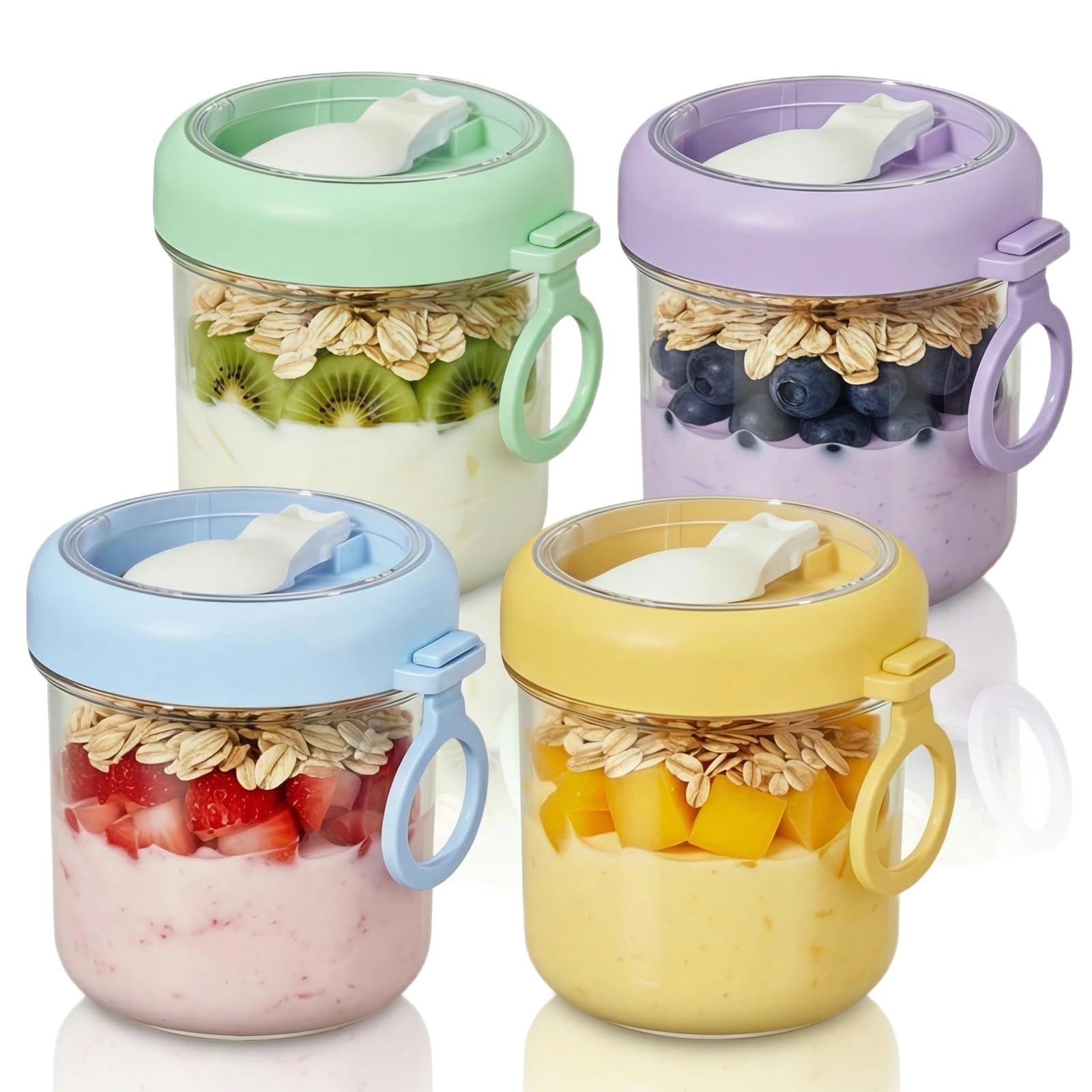 4 Pack 17oz Overnight Oats Jars, Overnight Oats Container with Lid and Fold Spoon, arge Capacity Glass Jars with Handheld circular ring Screw lids,Airtight Breakfast Jar, Yogurt Pot for Homemade Oatme