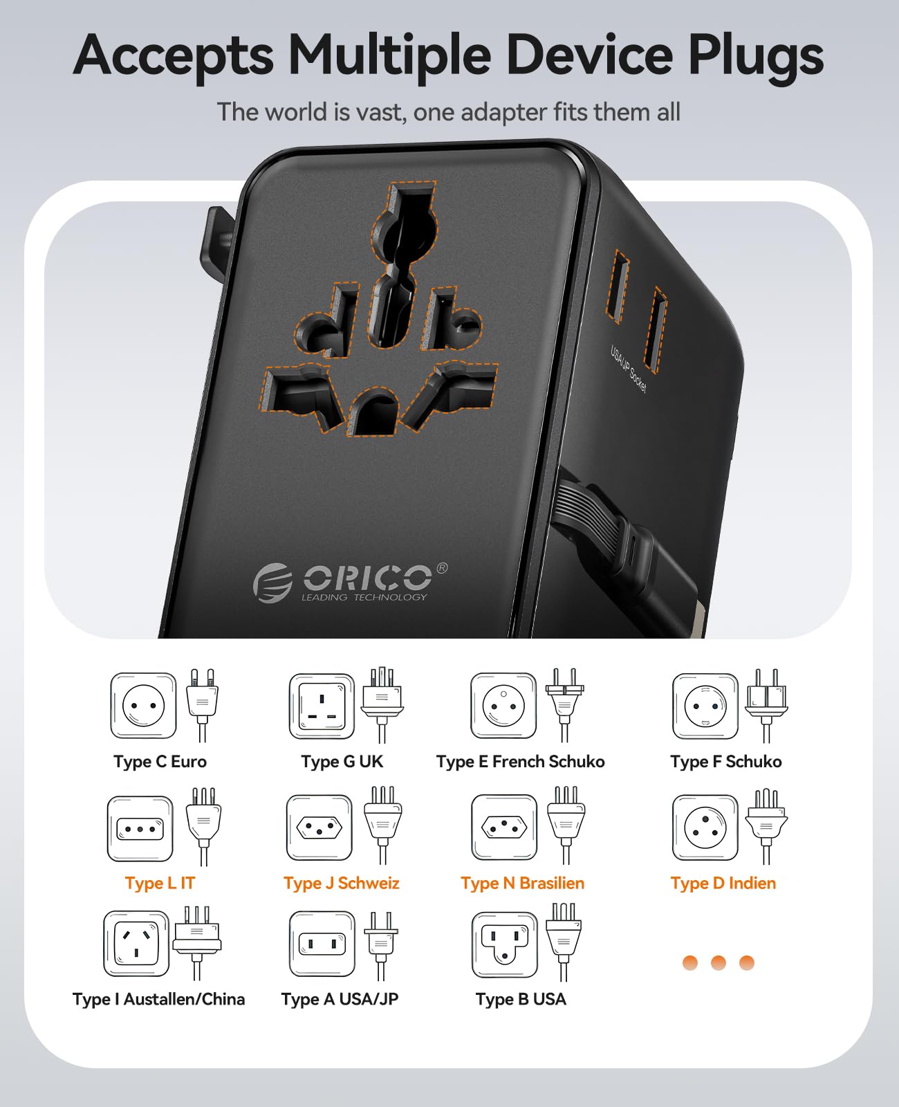 ORICO Uniwersalny adapter podróżny 100 W GaN International Power Adapter | 7 w 1 (2 AC, 3 USB-C, 2 USB-A) europejski adapter wtyczki podróżnej, wbudowany chowany kabel USB-C do UE UK AU 200+ krajów