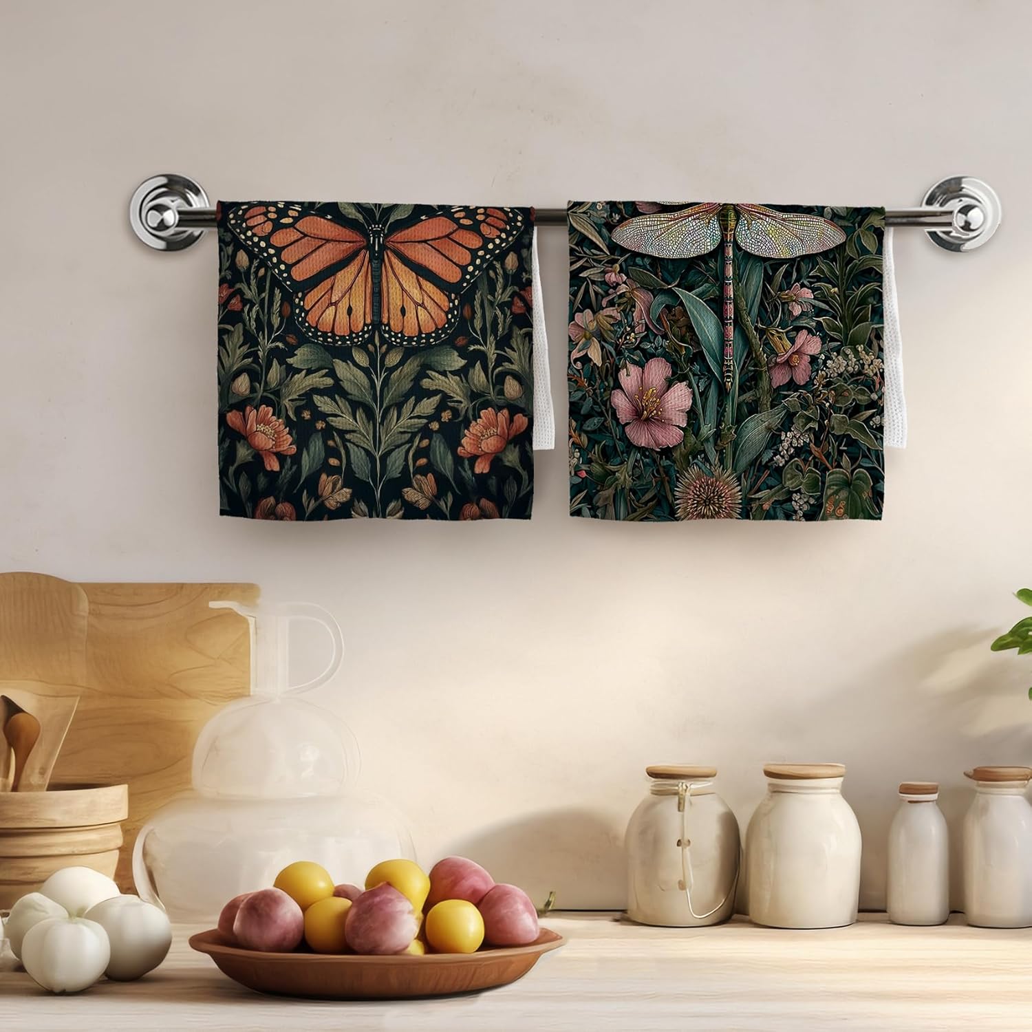 TNUW Vintage Butterfly Dragonfly Floral Kitchen Towels 16x24 Inch Set of 2, Dark Cottagecore William Morris Flower Hand Towels for Bathroom Decor, Retro Floral Dish Tea Towels for Kitchen - Image 2