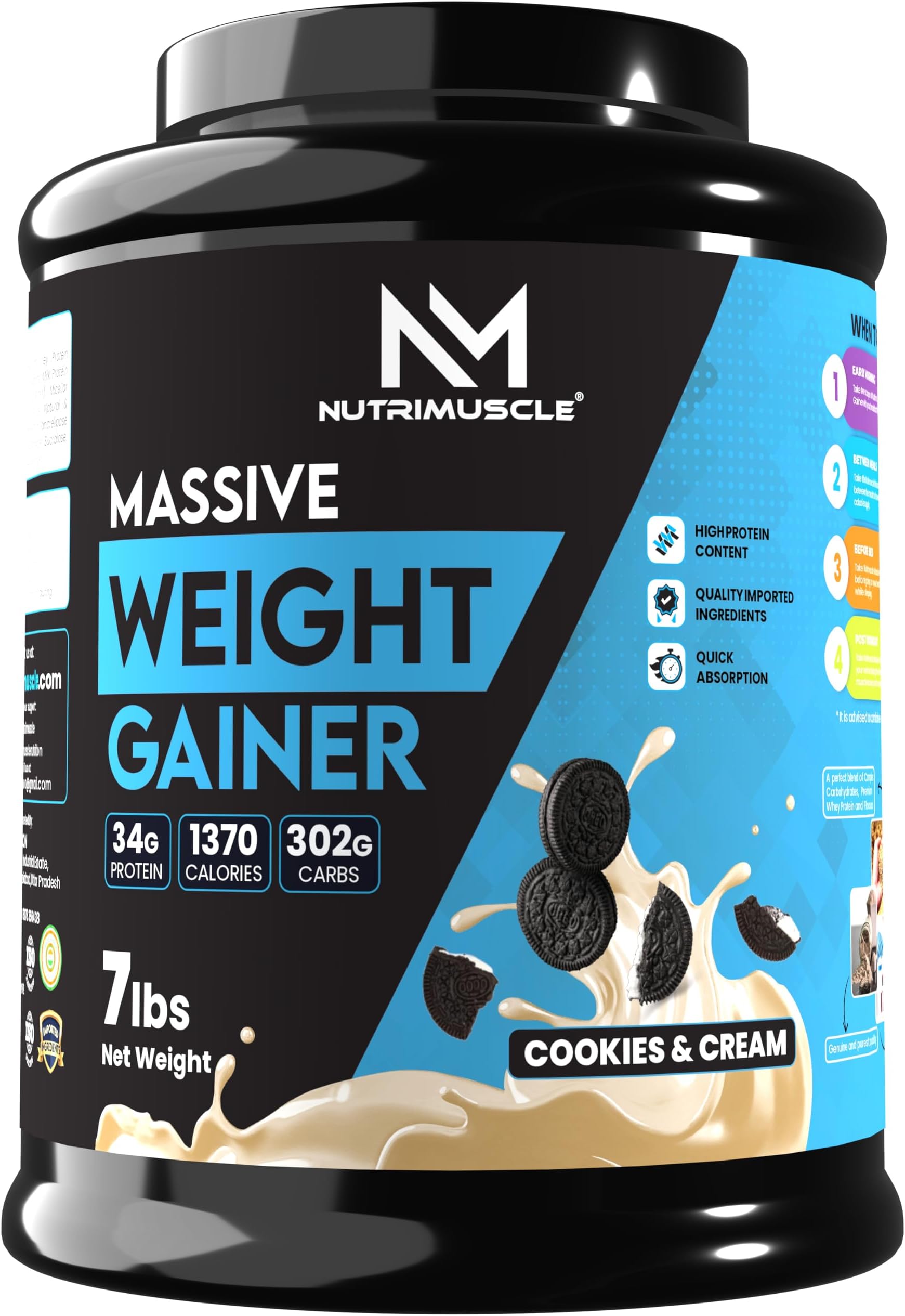 Nutrimuscle® Massive Weight Gainer - 7 lbs - Cookies and Cream Flavour - Contains Complex Carbohydrates for Healthy Weight Gain