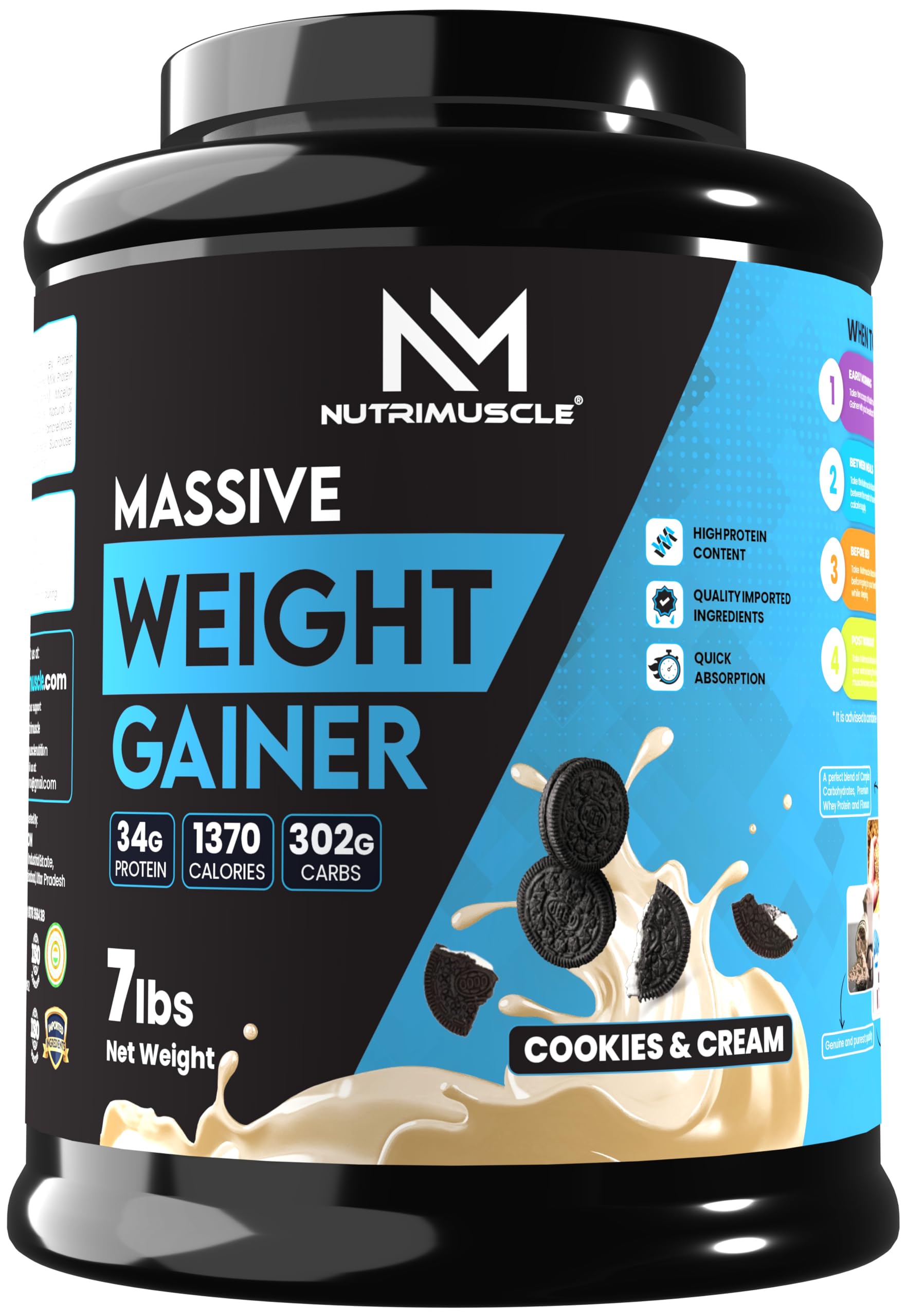 Nutrimuscle® Massive Weight Gainer - 5 Kgs - Cookies and Cream Flavour - Contains Complex Carbohydrates for Healthy Weight Gain