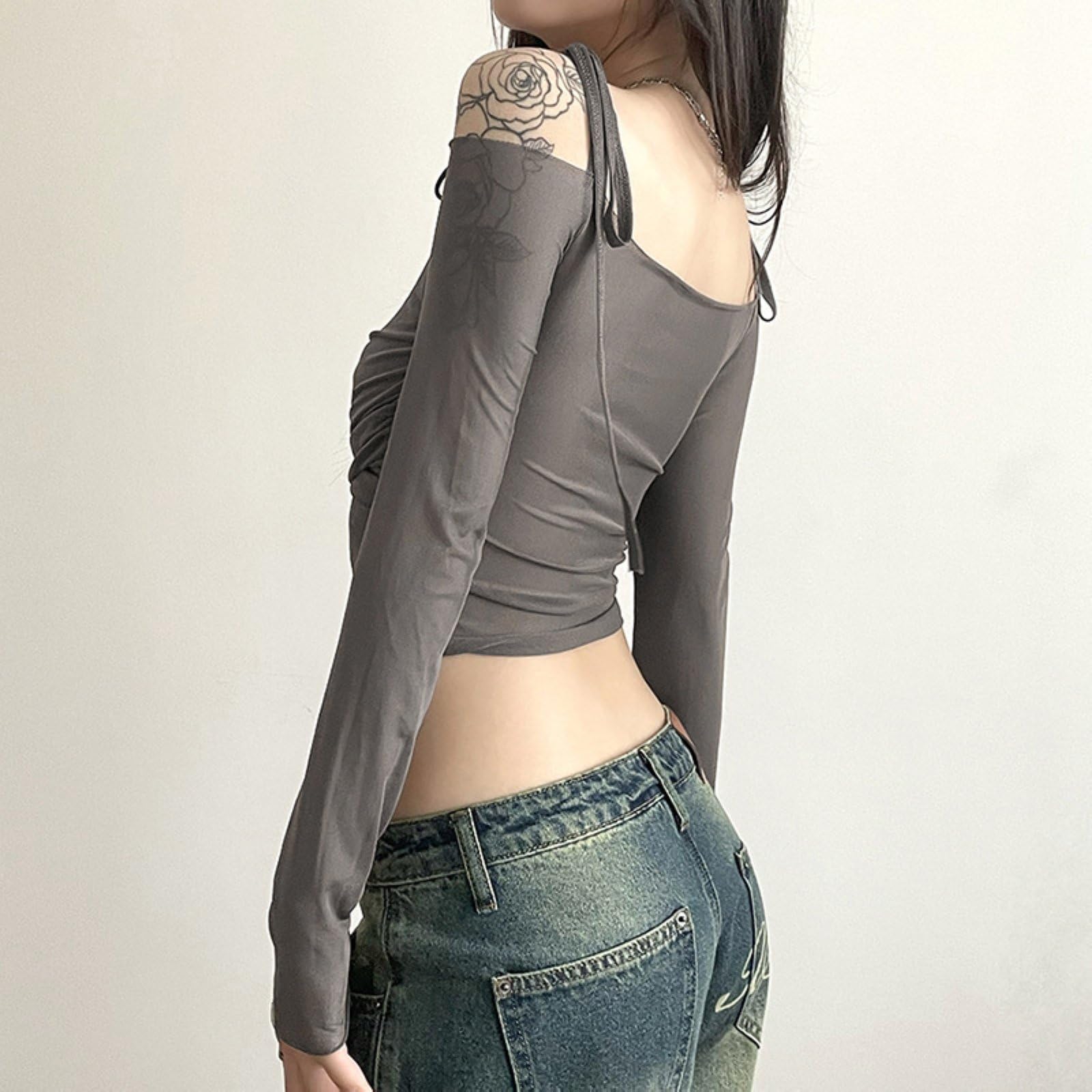 T-Shirt A Maniche Lunghe Da Donna Off Shoulder Top A Maniche Arricciate in Mesh Slim Fit Crop Top Abbigliamento Streetwear